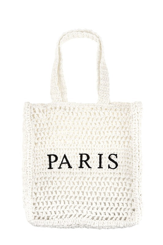 PARIS Embroidery Straw Tote Bag - Thumbnail 2