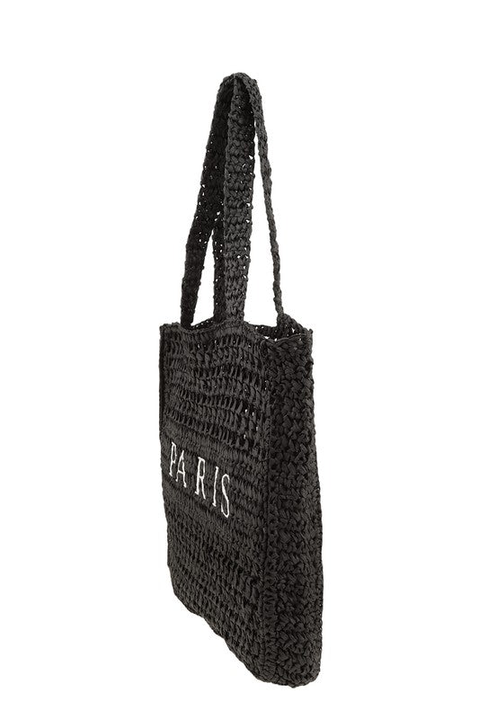 PARIS Embroidery Straw Tote Bag - Thumbnail 4
